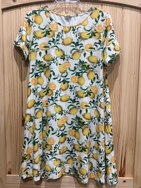 Yelete Women's Yellow Lemon Print Short Sleeve‎ Dress - Size Large